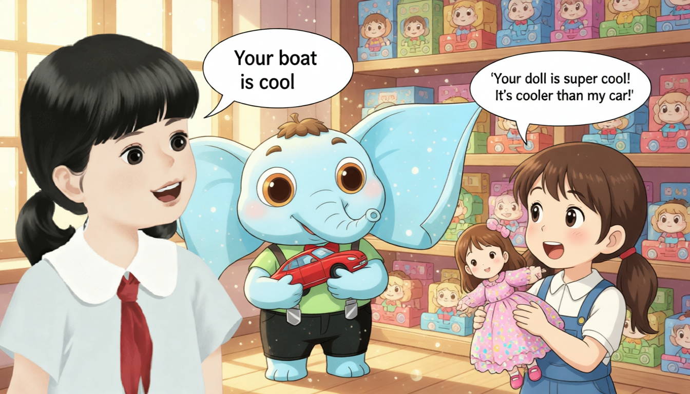 Ai Xiaoxiang buys a toy car. Chen Jie says, "Your boat is cool." Ai Xiaoxiang smiles and says, "Yes, I like this boat very much." Ai Xiaoxiang sees Amy buy a cool doll. He says to Amy, "Your doll is super cool! It's cooler than my car!"