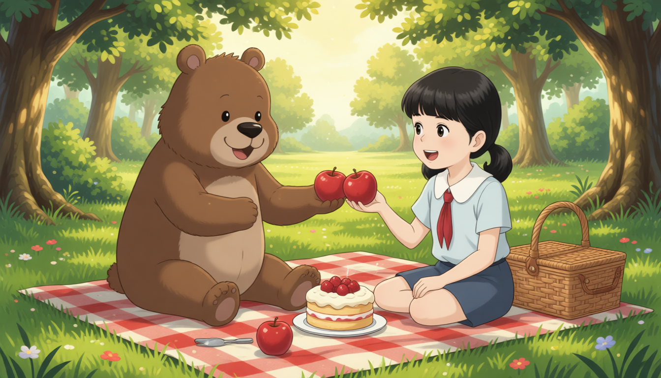 Zoom and Chen Jie share food together. They share apples. They also share cake. The apples are red and sweet. The cake is soft and yummy.