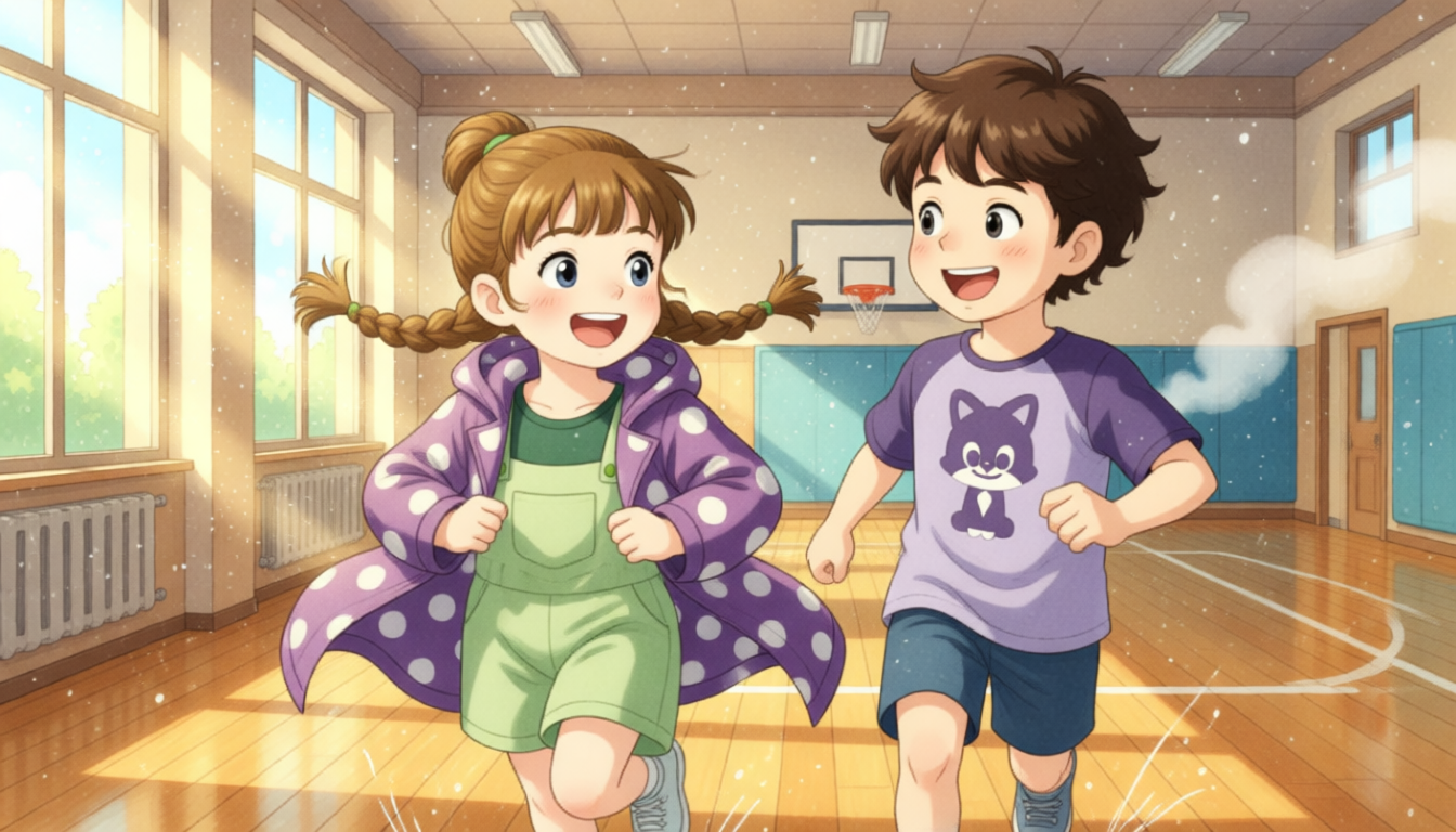 Sarah and Mike run into the gym with big smiles. Sarah is very happy. She is holding a raincoat. Mike also has a big smile on his face. They run into the gym happily.