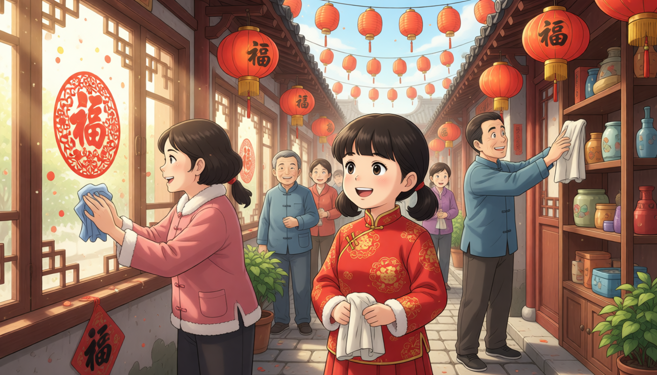 Chen Jie says "Hello" to everyone. She also says "Hello" to everyone in the morning. When everyone is busy, Spring Festival helps them clean the house.