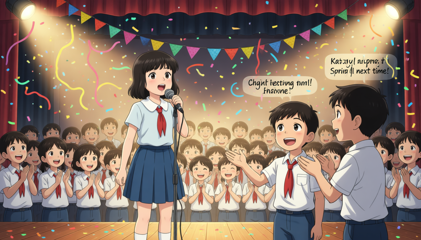 There's a school party. It's the Spring Festival. Chen Jie sings a song at the school party. Everyone likes her song very much. They clap and smile happily. After class, Xiaoming and Xiaodi find Chen Jie. They say, "Your song is really nice." She says softly, "I will sing for you next time."