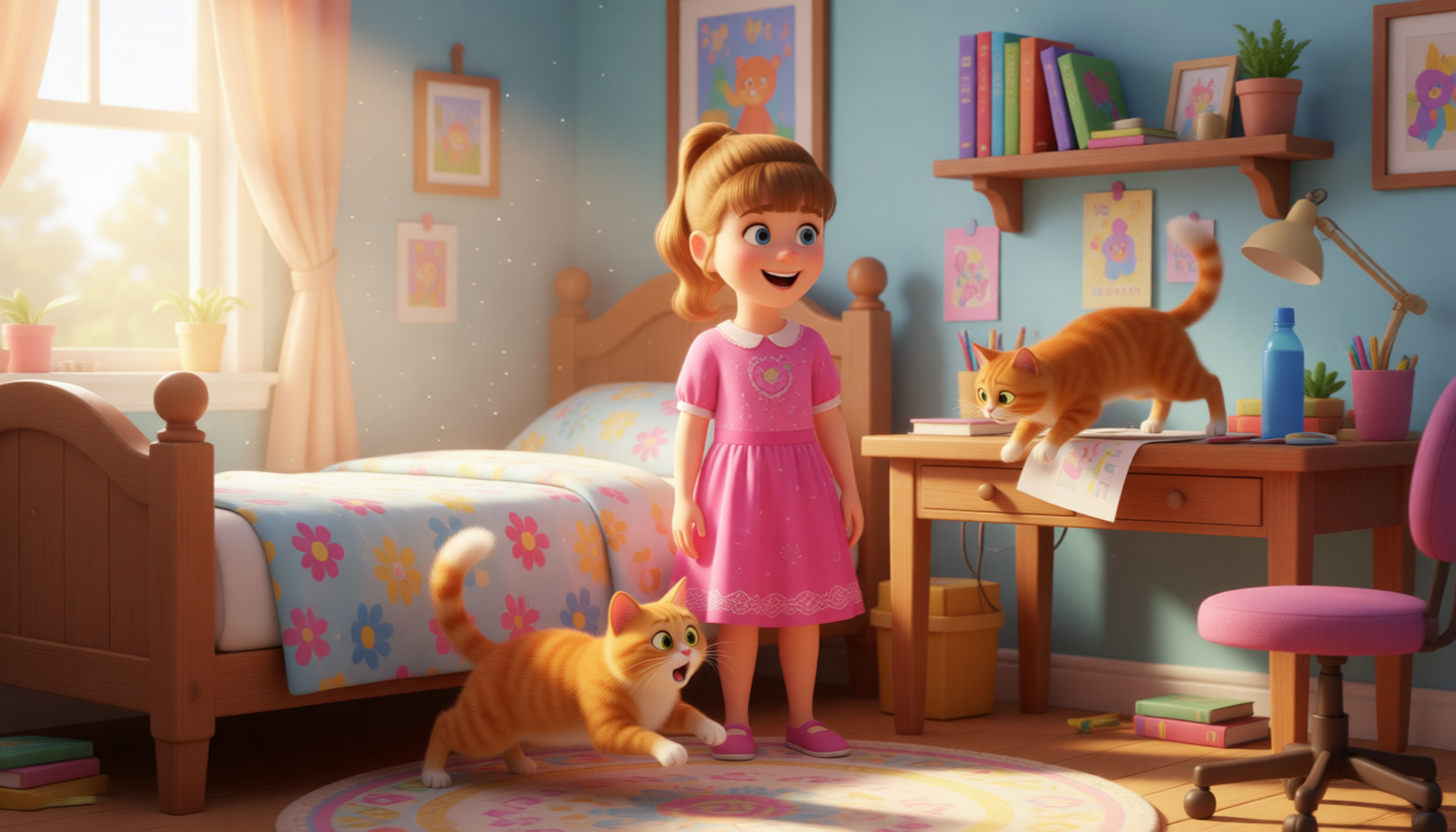 Sarah sees a cute cat in the room. The cat sees a stranger coming. It jumps off the bed quickly. It runs under the bed. Then it jumps onto the desk and sits next to the water bottle.