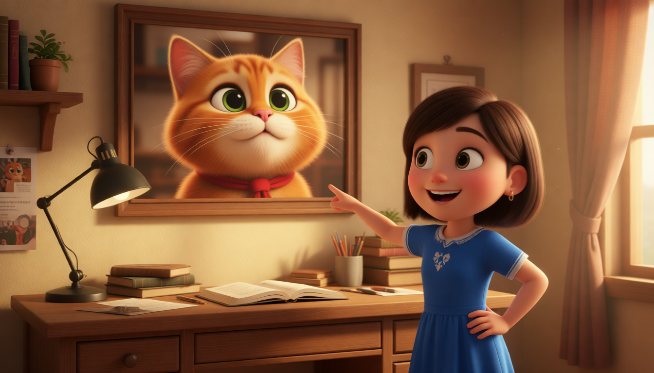 The cat looks up at the wall above the desk. It sees its photo there. The photo is very big. The photo is of Jack. Jack is the cat. The cat likes the photo. Bingbing says confidently, "This is the photo I took of him before. They are both cute."