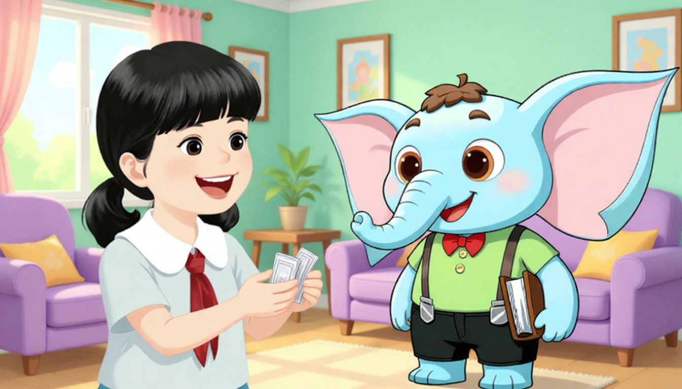 Mum gives Chen Jie some more pocket money. Chen Jie is very happy. She thanks her mum again.