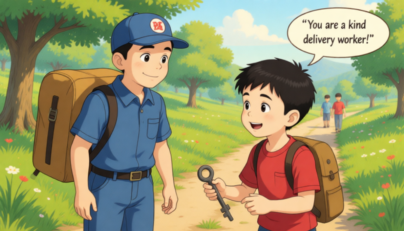 A delivery worker stops. Wu Bingbing says he helps people and knows all places well. Hours later, they find the key in the grass. They are tired but happy. Wu Bingbing says, "You are a kind delivery worker."
