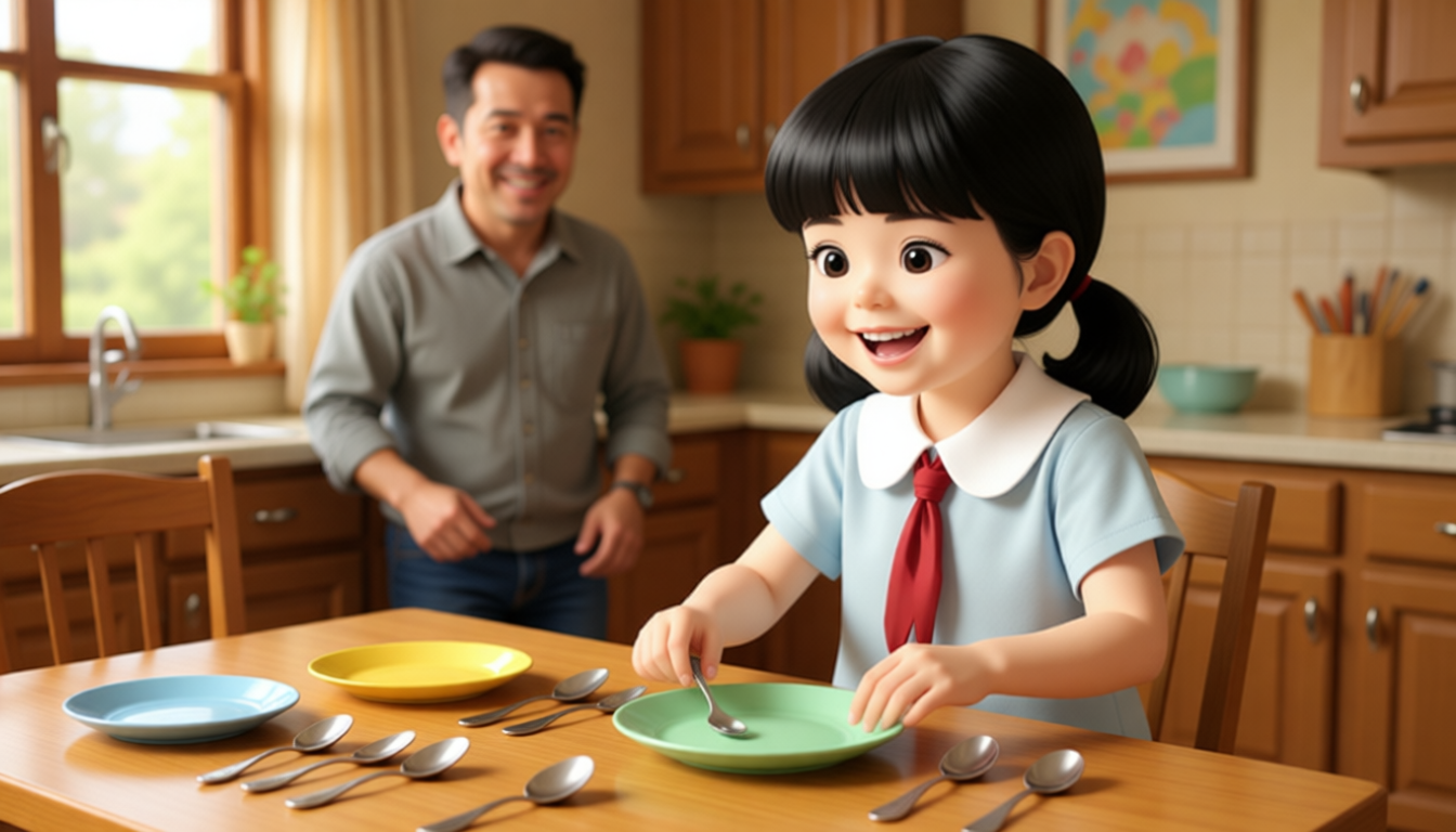 Dad asks Chen Jie to set the table.
He says to her, "Put the spoons and plates on the table, please."
Chen Jie does a really good job setting all the tableware.