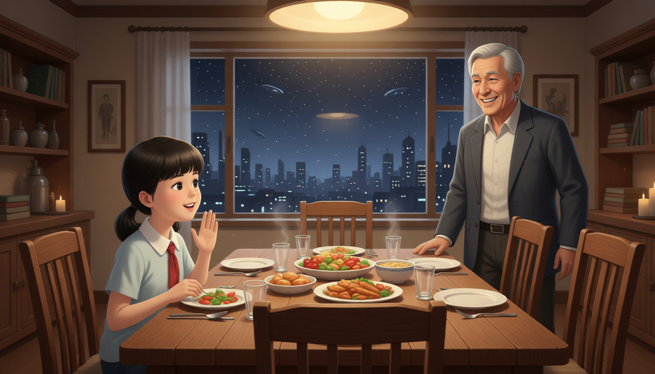 Mum comes and says the table looks beautiful.
She says there are many dishes on the table.
She says the dishes look pretty too.
Dad comes over and looks at the dining table and chairs.
He feels very happy.