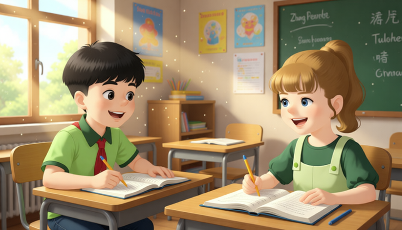 Zhang Peng and Sarah often do homework together. Zhang Peng also does his homework with Sun Yue. Sun Yue always helps Zhang Peng with his Chinese homework. They are best friends. They want to play together.