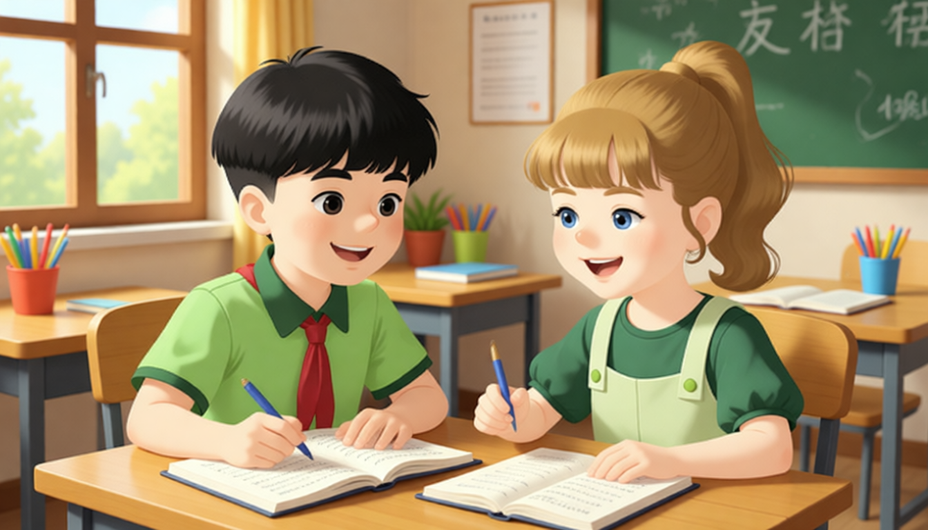 Zhang Peng and Sarah often do homework together.
Sarah is very good at Chinese.
She always helps Zhang Peng with his Chinese.
They are best friends.